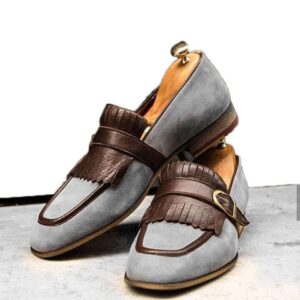 Men's Suede Monk Strap Gray Brown Fringe Shoes - leathersguru