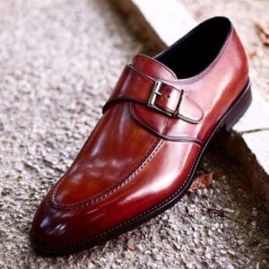 Men's Leather Monk Strap Burgundy Round Toe Shoes - leathersguru