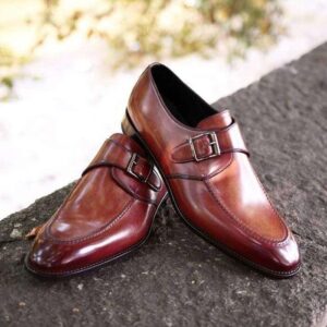 Men's Leather Monk Strap Burgundy Round Toe Shoes - leathersguru