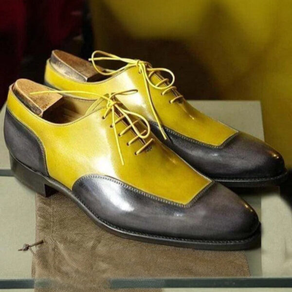 Men's Leather Yellow Gray Square Toe Lace Up Shoes