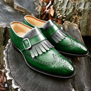 Bespoke Green Gray Leather Fringe Wing Tip Monk Strap Shoe for Men - leathersguru