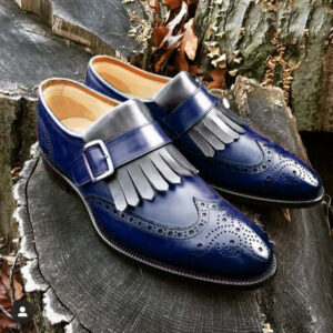 Bespoke Blue & Gray Leather Fringe Wing Tip Monk Strap Shoe for Men - leathersguru