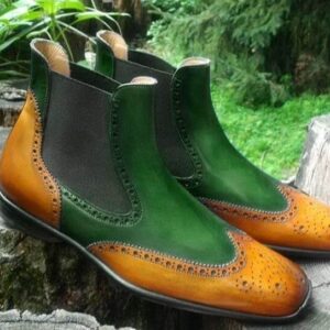 Handmade Men's Ankle High Tan Green Leather Wing Tip Chelsea Boot - leathersguru