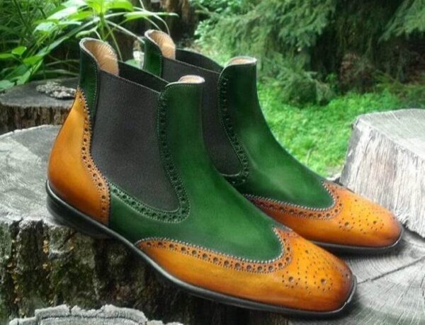 Handmade Men's Ankle High Tan Green Leather Wing Tip Chelsea Boot - leathersguru