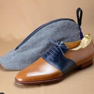 Men's Derby Navy Blue Tan Dress Shoes - leathersguru