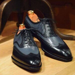 Handmade Black Gray Wing Tip Leather Shoe - leathersguru