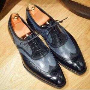 Handmade Black Gray Wing Tip Leather Shoe - leathersguru