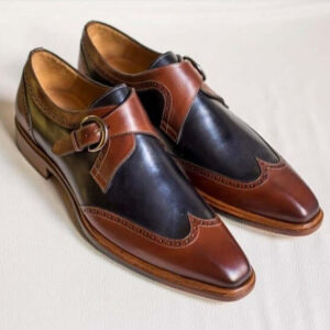 Bespoke Brown Black Leather Monk Strap Shoes - leathersguru