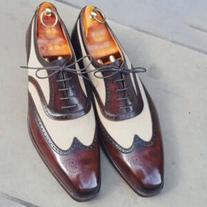 Bespoke Burgundy White Leather Wing Tip Shoe for Men - leathersguru