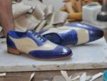 Men's Blue & Cream Leather Lace Up Brogue Toe Shoes - leathersguru