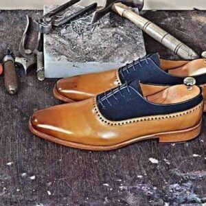 Handmade Navy Blue Tan Leather Suede Derby Shoes - leathersguru