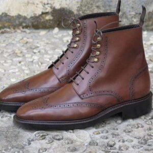 Men's Ankle High Leather Brown Wing Tip Lace Up Boot - leathersguru