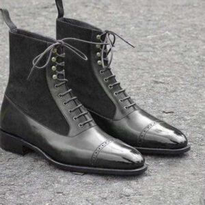 Men's Ankle High Black Leather Suede Cap toe Lace Up Boot - leathersguru