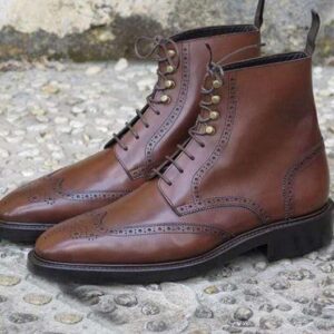 Men's Ankle High Leather Brown Wing Tip Lace Up Boot - leathersguru