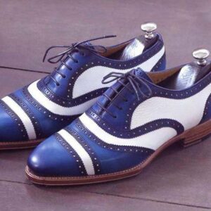 Handmade Men's Leather Blue White Cap Toe Shoes - leathersguru
