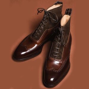 Bespoke Brown Leather Suede Wing Tip Shoe for Men - leathersguru