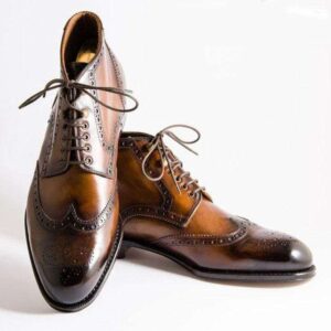 Men's Leather Cognac Wing Tip Brogue Lace Up Shoes - leathersguru