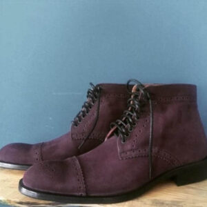 Handmade Men's Ankle High Suede Maroon Cap Toe Lace Up Boot - leathersguru