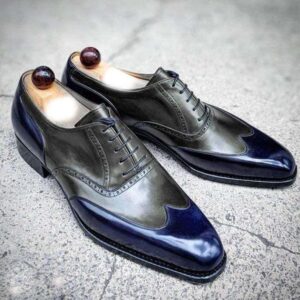 Handmade Men's Black Blue Leather Lace Up Wing Tip Shoe - leathersguru