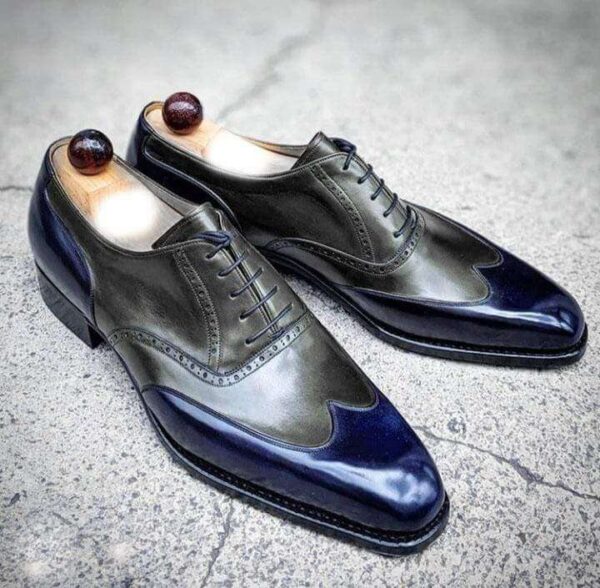 Handmade Men's Black Blue Leather Lace Up Wing Tip Shoe - leathersguru