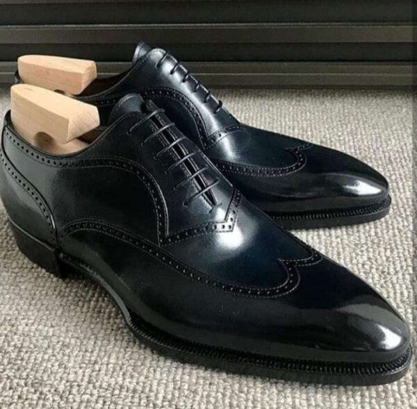 Handmade Men's Black Leather Lace Up Wing Tip Shoe - leathersguru