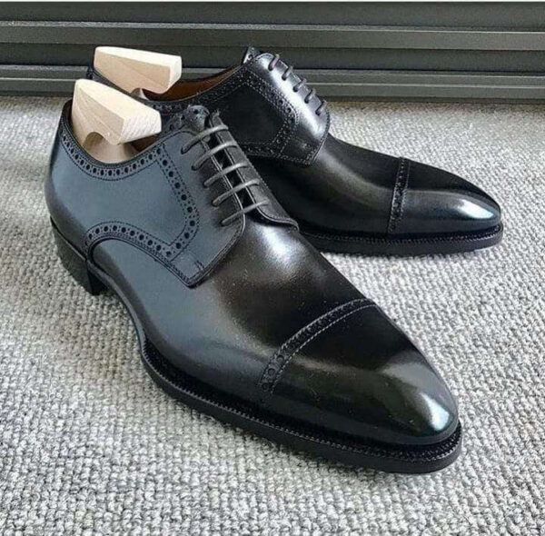 Handmade Men's Black Leather Lace Up Cap Toe Shoe - leathersguru