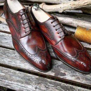 Men's Leather Burgundy Wing Tip Brogue Lace Up Shoes - leathersguru