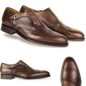 Men's Leather Monk Strap Brown Wing Tip Brogue Shoes - leathersguru