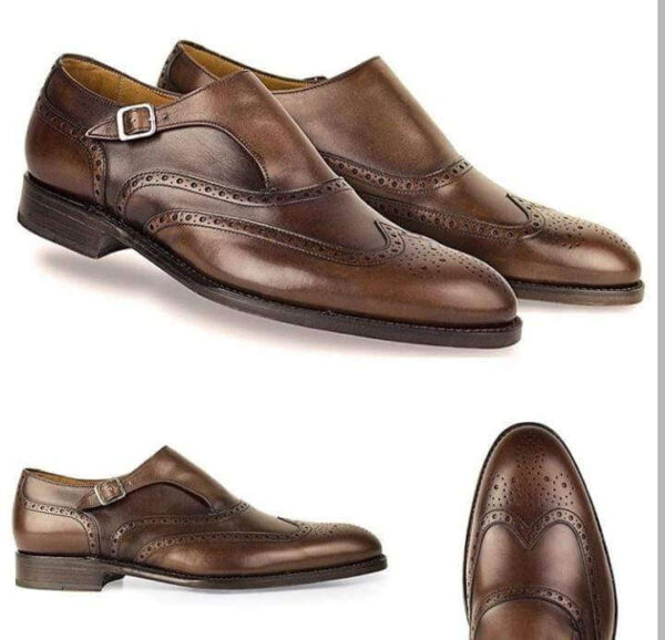 Men's Leather Monk Strap Brown Wing Tip Brogue Shoes - leathersguru