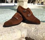 Handmade Men's Suede Cap Toe Dark Brown Monk Shoes - leathersguru