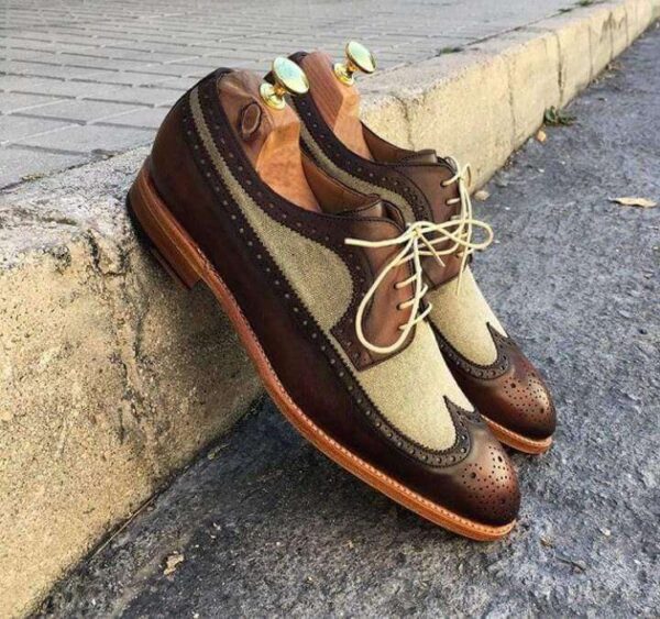 Handmade Men's Beige Brown Leather Suede Lace Up  Wing Tip Shoe - leathersguru