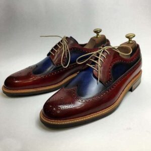 Men's Leather Navy Blue Burgundy Wing Tip Brogue Shoes - leathersguru