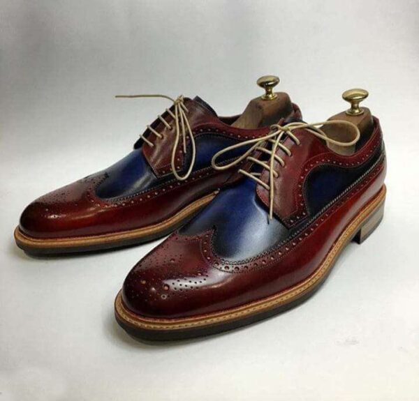 Men's Leather Navy Blue Burgundy Wing Tip Brogue Shoes - leathersguru