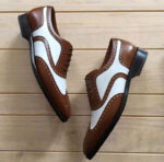 Men's Brown White Leather Lace Up  Wing Tip Brogue Shoes - leathersguru