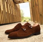Handmade Men's Suede Cap Toe Dark Brown Monk Shoes - leathersguru