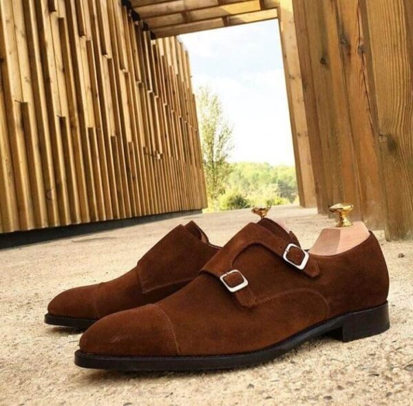 Handmade Men's Suede Cap Toe Dark Brown Monk Shoes - leathersguru