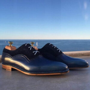 Handmade Navy Blue Leather Suede Derby Shoes - leathersguru