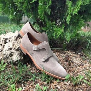 Handmade Men's Gray Suede Cap Toe Strap Monk Shoes - leathersguru