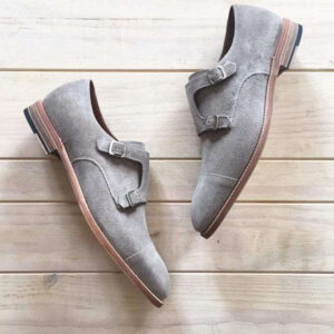 Handmade Men's Gray Suede Cap Toe Strap Monk Shoes - leathersguru