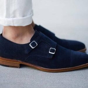 Handmade Men's Navy Blue Suede Cap Toe Monk Shoes - leathersguru