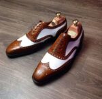 Men's Brown White Leather Lace Up  Wing Tip Brogue Shoes - leathersguru