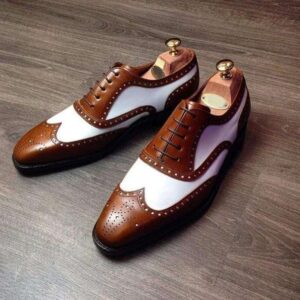 Men's Brown White Leather Lace Up  Wing Tip Brogue Shoes - leathersguru