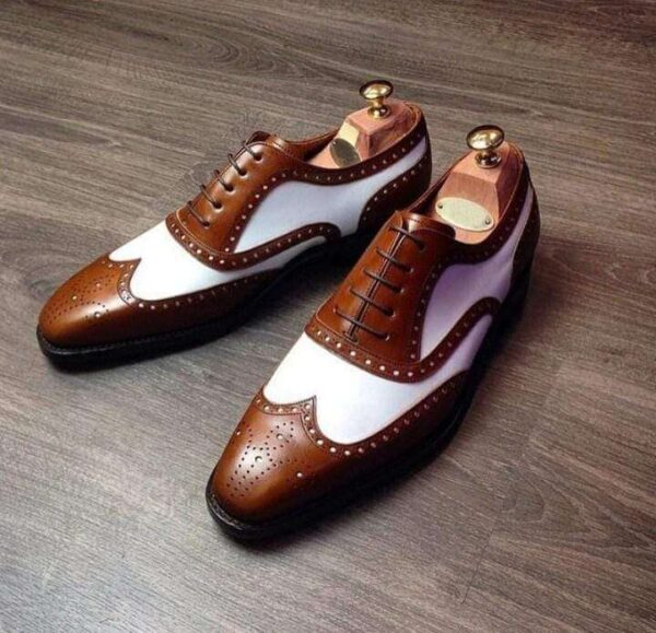 Men's Brown White Leather Lace Up  Wing Tip Brogue Shoes - leathersguru