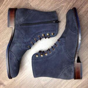 Handmade Men's Ankle High Suede Navy Blue Lace Up Wing Tip Boot - leathersguru