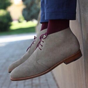 Handmade Men's Half Ankle Suede Gray Lace Up Chukka Boot - leathersguru
