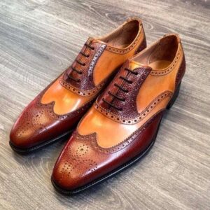 Men's Leather Tan Brown Wing Tip Brogue Shoes - leathersguru