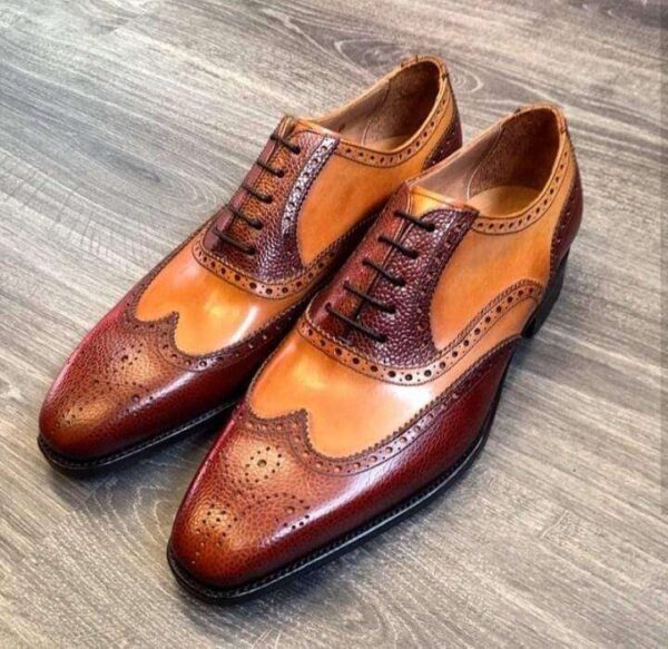 Men's Leather Tan Brown Wing Tip Brogue Shoes - leathersguru