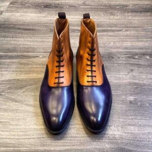 Handmade Men's Ankle High Tan Purple Leather Lace Up Boot - leathersguru