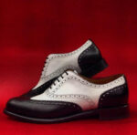 Handmade Men's Black White Leather Lace Up Wing Tip Shoe - leathersguru