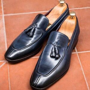 Men's Navy Blue Moccasin Slip On Split Toe Tussles Shoes - leathersguru